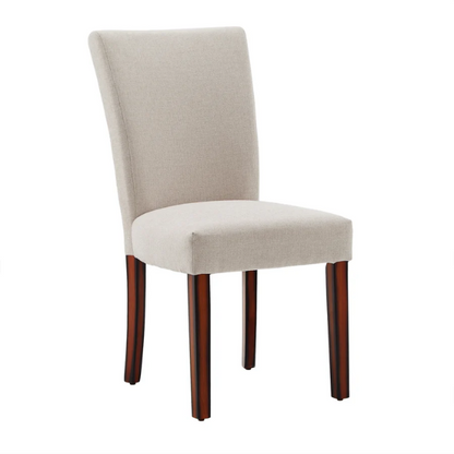 Set of 2 upholstered Parson dining chairs in beige fabric with espresso-finished wood legs and high backs, perfect for traditional and modern dining rooms.

