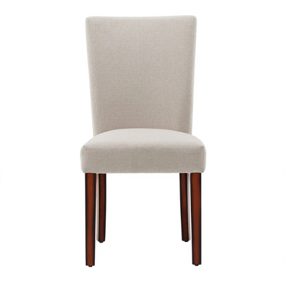 Set of 2 upholstered Parson dining chairs in beige fabric with espresso-finished wood legs and high backs, perfect for traditional and modern dining rooms.

