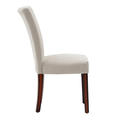 Set of 2 upholstered Parson dining chairs in beige fabric with espresso-finished wood legs and high backs, perfect for traditional and modern dining rooms.

