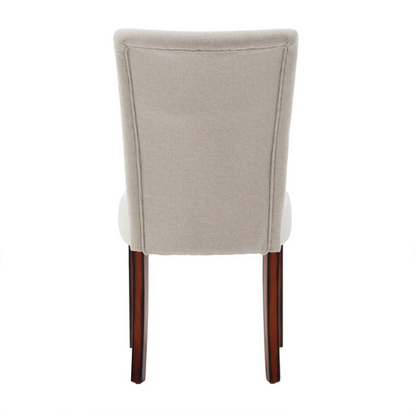 Set of 2 upholstered Parson dining chairs in beige fabric with espresso-finished wood legs and high backs, perfect for traditional and modern dining rooms.

