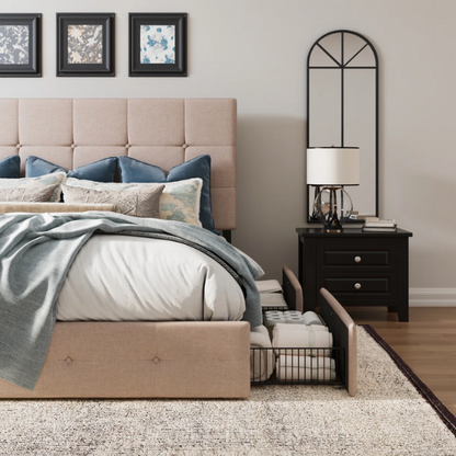 Beige upholstered queen platform bed with block-tufted headboard and four underbed drawers for extra storage.

