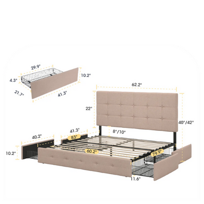 Beige upholstered queen platform bed with block-tufted headboard and four underbed drawers for extra storage.

