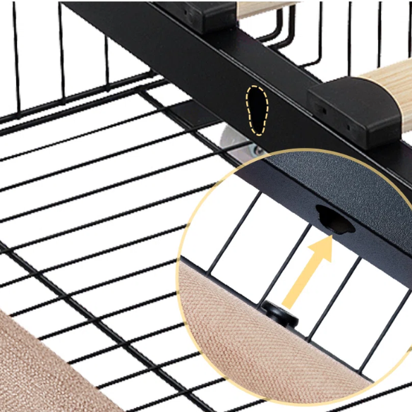 Beige upholstered queen platform bed with block-tufted headboard and four underbed drawers for extra storage.

