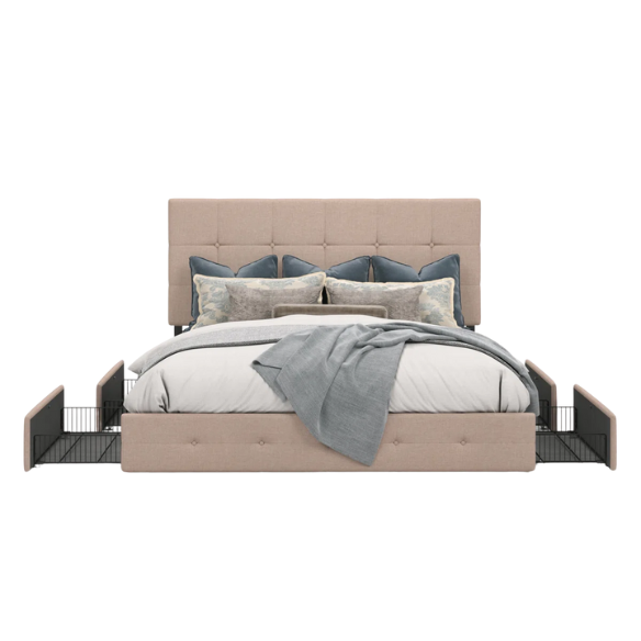 Beige upholstered queen platform bed with block-tufted headboard and four underbed drawers for extra storage.

