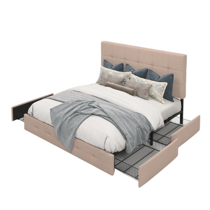 Beige upholstered queen platform bed with block-tufted headboard and four underbed drawers for extra storage.

