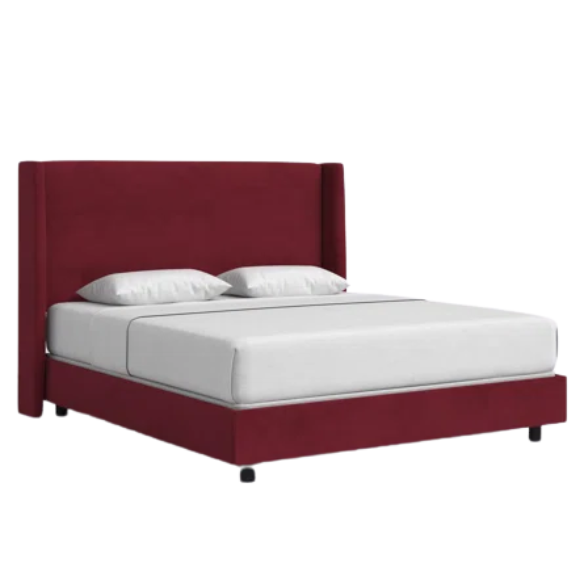 Berry red king-size upholstered bed in linen fabric with wingback headboard and black metal legs.

