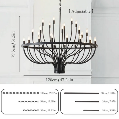 Oversized black farmhouse chandelier with 33 candle-style lights on a wagon wheel frame, ideal for high ceilings, dining rooms, and entryways