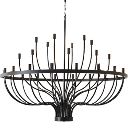 Oversized black farmhouse chandelier with 33 candle-style lights on a wagon wheel frame, ideal for high ceilings, dining rooms, and entryways