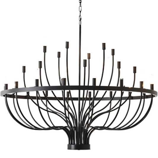 Oversized black farmhouse chandelier with 33 candle-style lights on a wagon wheel frame, ideal for high ceilings, dining rooms, and entryways