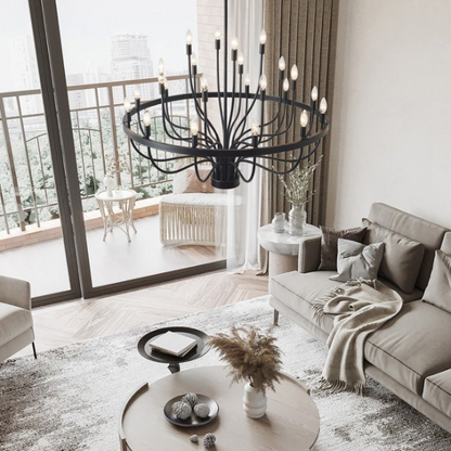 Oversized black farmhouse chandelier with 33 candle-style lights on a wagon wheel frame, ideal for high ceilings, dining rooms, and entryways