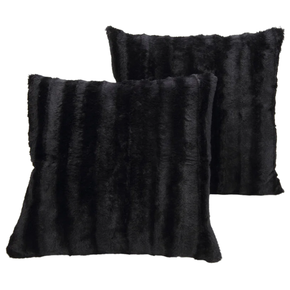Set of two black faux fur throw pillows, 18x18 inches, square decorative accent pillows for sofa, couch, or bed – soft, plush, and machine washable