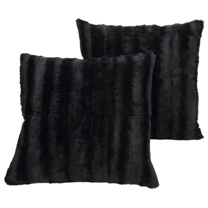 Set of two black faux fur throw pillows, 18x18 inches, square decorative accent pillows for sofa, couch, or bed – soft, plush, and machine washable