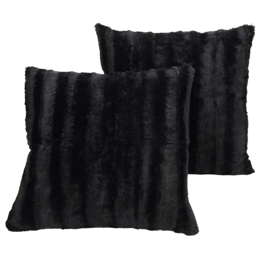 Set of two black faux fur throw pillows, 18x18 inches, square decorative accent pillows for sofa, couch, or bed – soft, plush, and machine washable