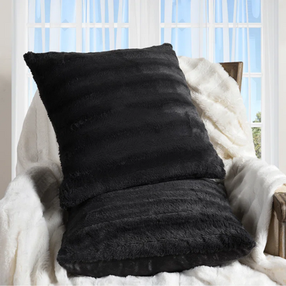 Set of two black faux fur throw pillows, 18x18 inches, square decorative accent pillows for sofa, couch, or bed – soft, plush, and machine washable