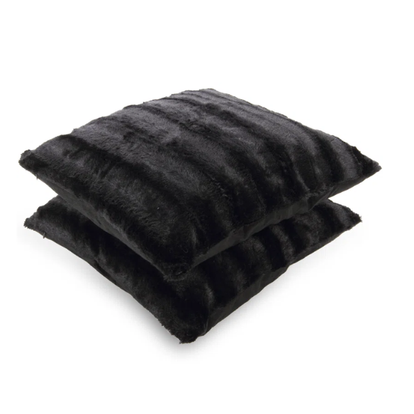 Set of two black faux fur throw pillows, 18x18 inches, square decorative accent pillows for sofa, couch, or bed – soft, plush, and machine washable