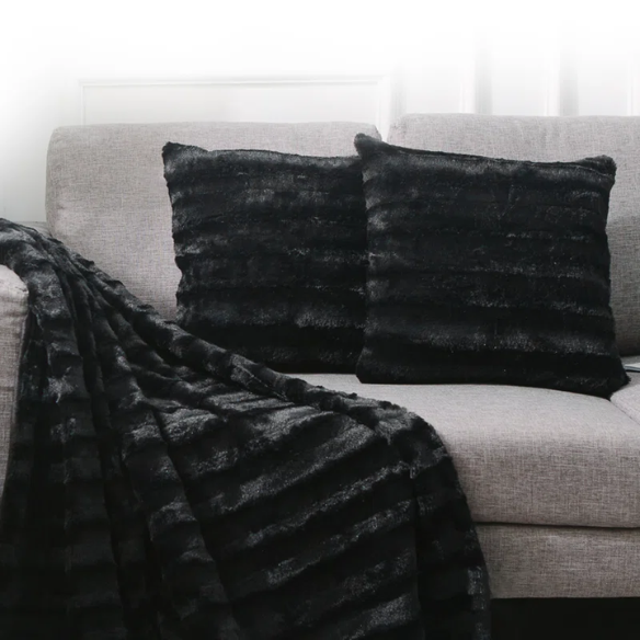 Set of two black faux fur throw pillows, 18x18 inches, square decorative accent pillows for sofa, couch, or bed – soft, plush, and machine washable

