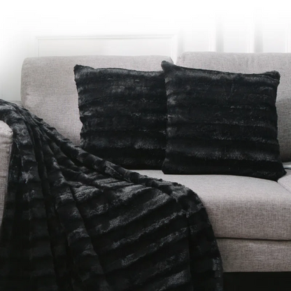 Set of two black faux fur throw pillows, 18x18 inches, square decorative accent pillows for sofa, couch, or bed – soft, plush, and machine washable

