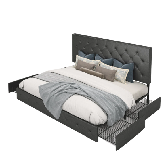 Black faux leather queen platform bed with diamond-tufted headboard and four spacious underbed storage drawers.

