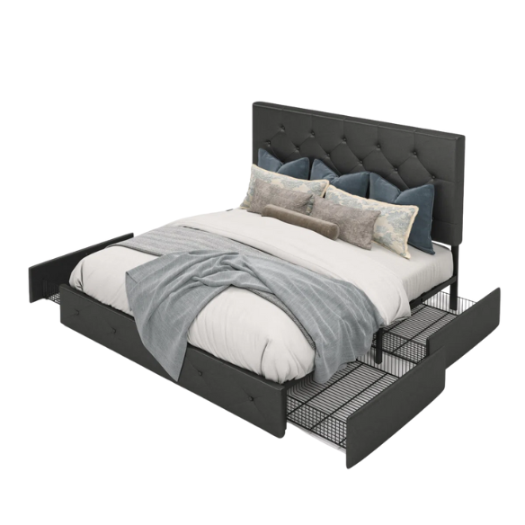 Black faux leather queen platform bed with diamond-tufted headboard and four spacious underbed storage drawers.

