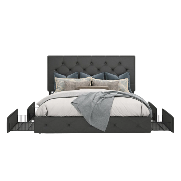 Black faux leather queen platform bed with diamond-tufted headboard and four spacious underbed storage drawers.

