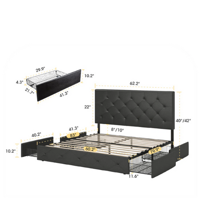 Black faux leather queen platform bed with diamond-tufted headboard and four spacious underbed storage drawers.

