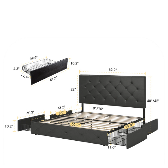 Black faux leather queen platform bed with diamond-tufted headboard and four spacious underbed storage drawers.

