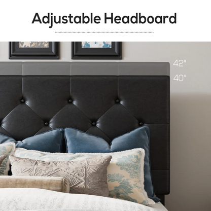 Black faux leather queen platform bed with diamond-tufted headboard and four spacious underbed storage drawers.

