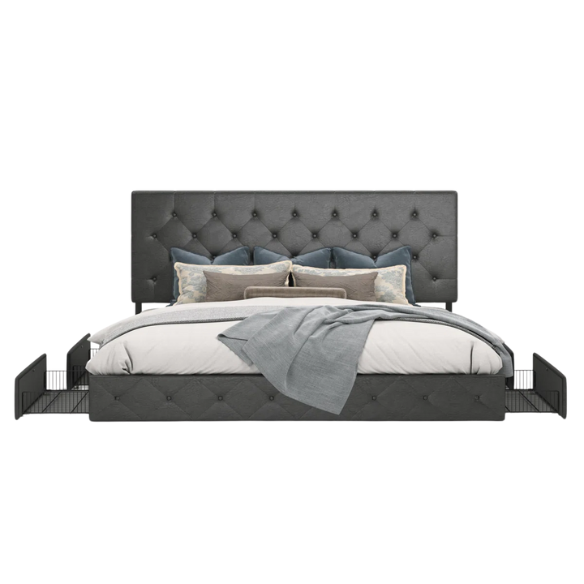 Black faux leather queen platform bed with diamond-tufted headboard and four spacious underbed storage drawers.

