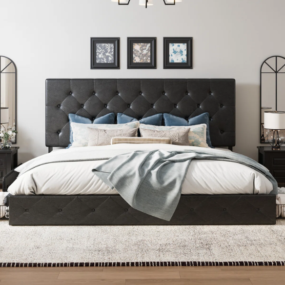 Black faux leather queen platform bed with diamond-tufted headboard and four spacious underbed storage drawers.

