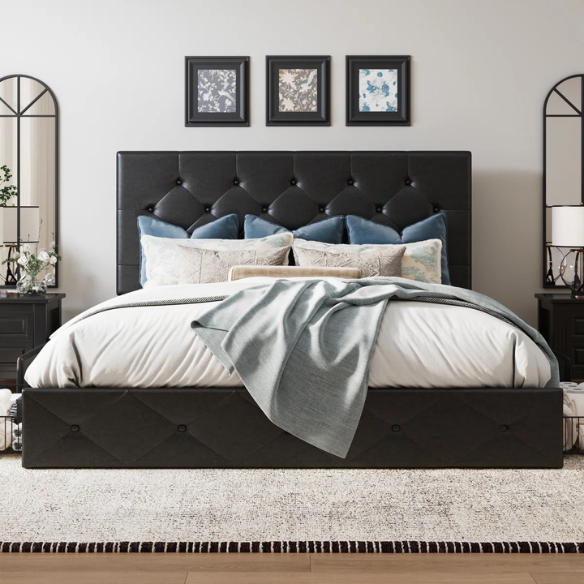 Black faux leather queen platform bed with diamond-tufted headboard and four spacious underbed storage drawers.

