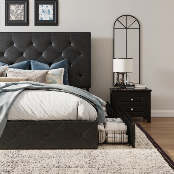 Black faux leather queen platform bed with diamond-tufted headboard and four spacious underbed storage drawers.

