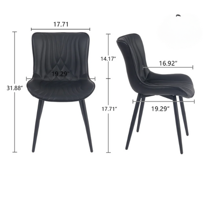 Set of 2 black faux leather dining chairs with fishtail backrest design and black metal legs, ideal for modern and contemporary dining spaces.

