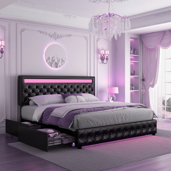 Black faux leather full size platform bed with adjustable LED headboard, button-tufted design, silver nailhead trim, and four underbed storage drawers
