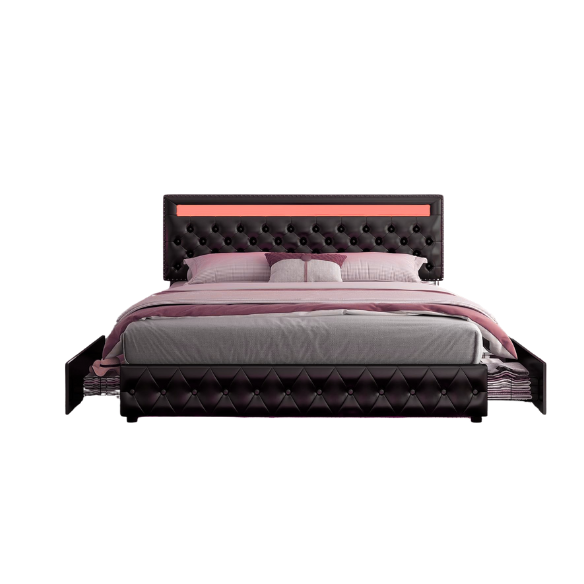 Black faux leather full size platform bed with adjustable LED headboard, button-tufted design, silver nailhead trim, and four underbed storage drawers