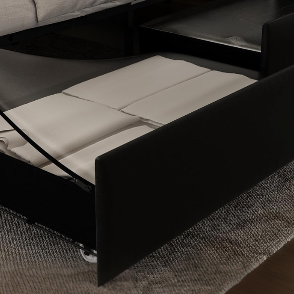 Black faux leather full size platform bed with adjustable LED headboard, button-tufted design, silver nailhead trim, and four underbed storage drawers