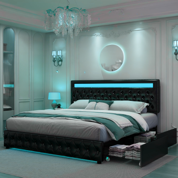 Black faux leather full size platform bed with adjustable LED headboard, button-tufted design, silver nailhead trim, and four underbed storage drawers