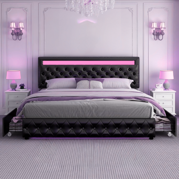 Black faux leather full size platform bed with adjustable LED headboard, button-tufted design, silver nailhead trim, and four underbed storage drawers
