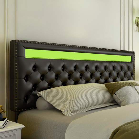 Black faux leather full size platform bed with adjustable LED headboard, button-tufted design, silver nailhead trim, and four underbed storage drawers