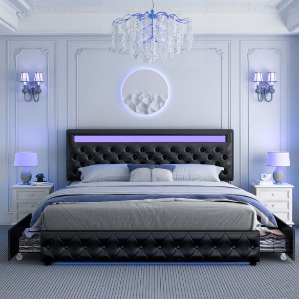 Black faux leather full size platform bed with adjustable LED headboard, button-tufted design, silver nailhead trim, and four underbed storage drawers