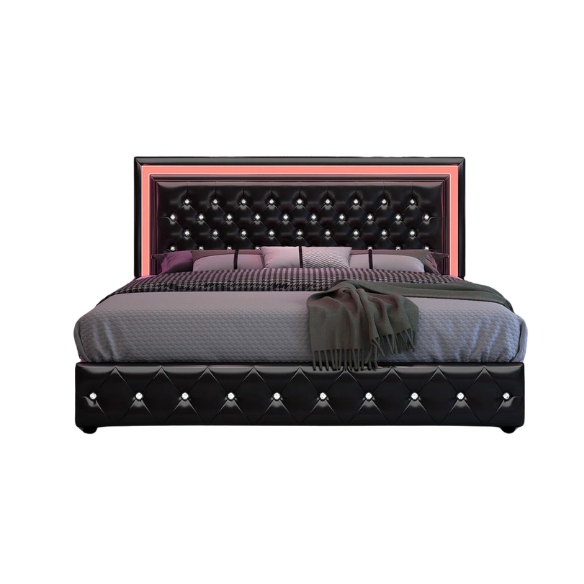 Black full size upholstered bed frame with LED-lit headboard and footboard, four sliding storage drawers, and adjustable tufted headboard
