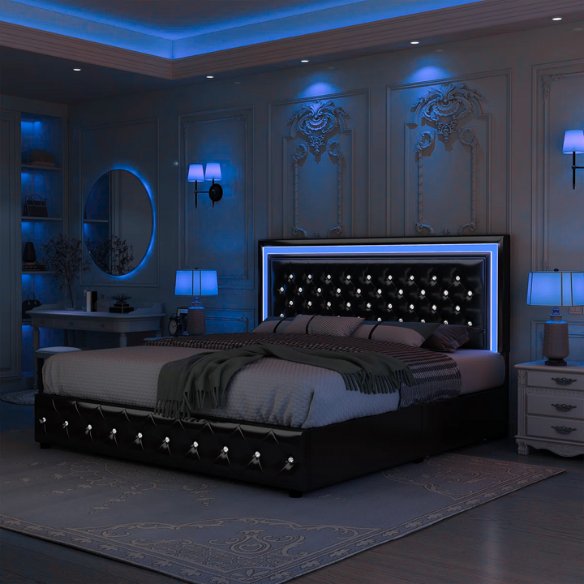 Black full size upholstered bed frame with LED-lit headboard and footboard, four sliding storage drawers, and adjustable tufted headboard
