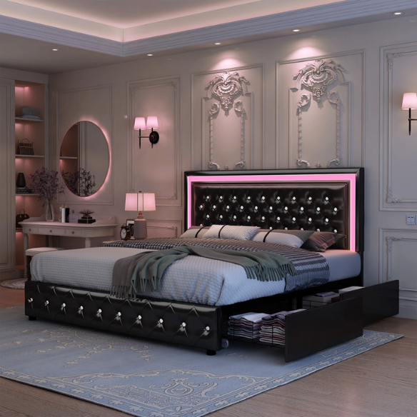 Black full size upholstered bed frame with LED-lit headboard and footboard, four sliding storage drawers, and adjustable tufted headboard