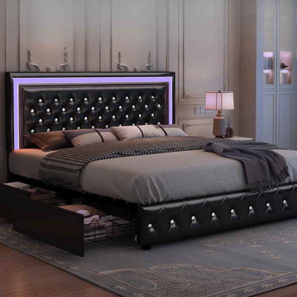 Black full size upholstered bed frame with LED-lit headboard and footboard, four sliding storage drawers, and adjustable tufted headboard