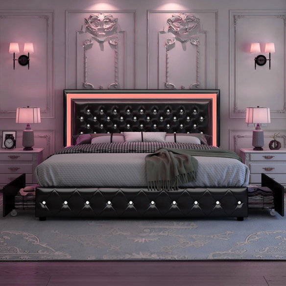 Black full size upholstered bed frame with LED-lit headboard and footboard, four sliding storage drawers, and adjustable tufted headboard