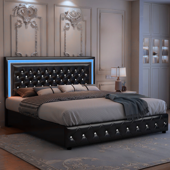 Black full size upholstered bed frame with LED-lit headboard and footboard, four sliding storage drawers, and adjustable tufted headboard