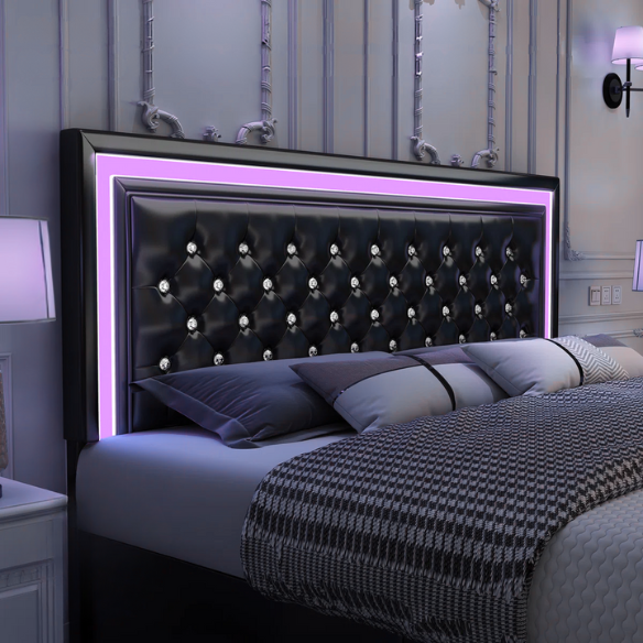 Black full size upholstered bed frame with LED-lit headboard and footboard, four sliding storage drawers, and adjustable tufted headboard