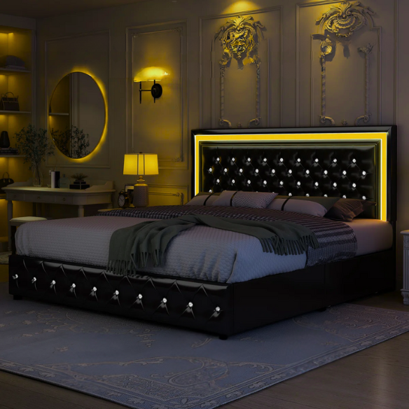 Black full size upholstered bed frame with LED-lit headboard and footboard, four sliding storage drawers, and adjustable tufted headboard