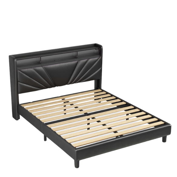 Black full size platform bed with linen upholstery, LED-lit wingback headboard, built-in USB and USB-C charging ports, and three storage shelves for modern functionality.

