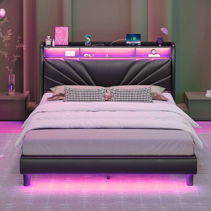 Black full size platform bed with linen upholstery, LED-lit wingback headboard, built-in USB and USB-C charging ports, and three storage shelves for modern functionality.

