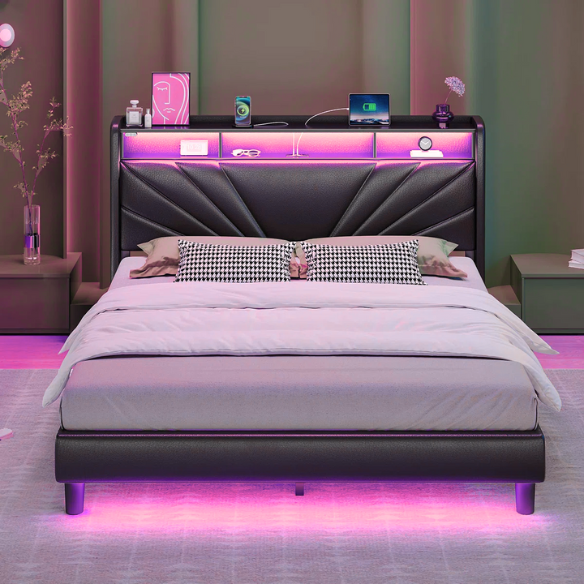 Black full size platform bed with linen upholstery, LED-lit wingback headboard, built-in USB and USB-C charging ports, and three storage shelves for modern functionality.

